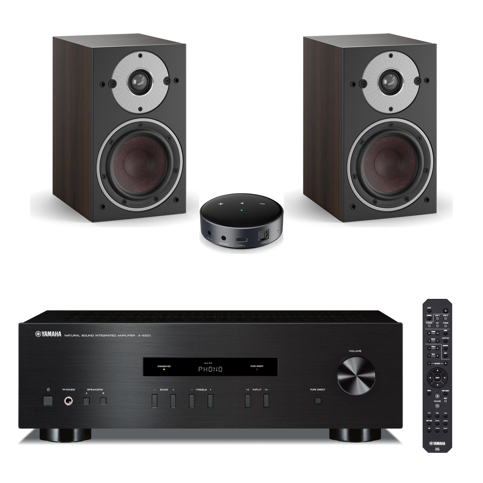 Yamaha A-S201 Crna + par DALI OBERON 1 Dark Walnut + WiiM Mini